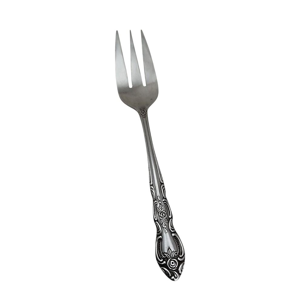Vintage Stainless Steel Serving Meat Fork Flatware Floral Pattern 8.5" Korea